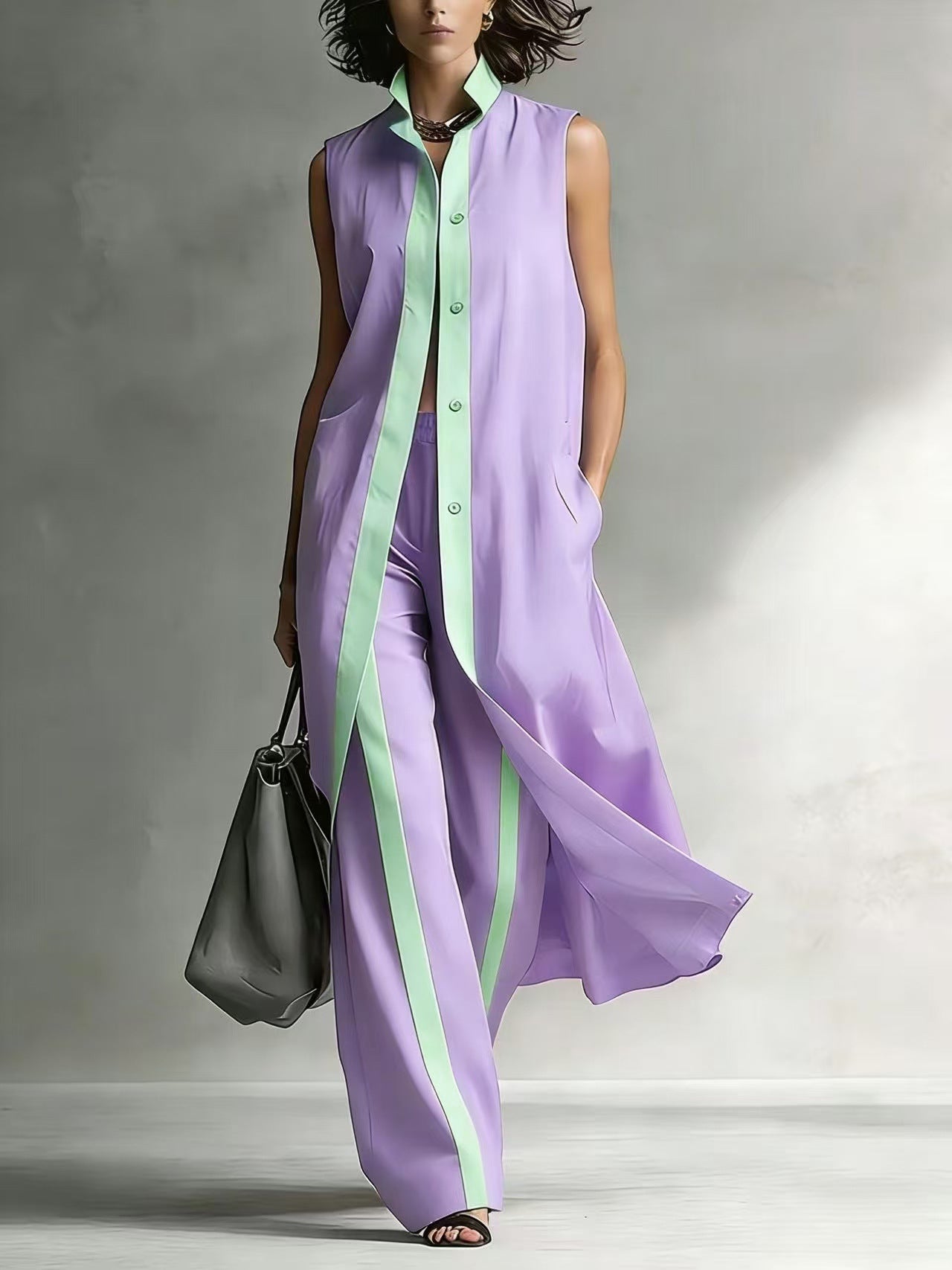 Color blocking loose vest cardigan pants set 