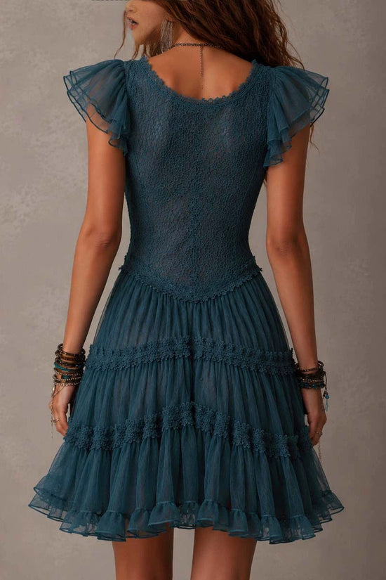 Lace Flutter Sleeve Dress for Women, Fitted Waist with Tie Strap, Layered Tulle Cake Mini Skirt 