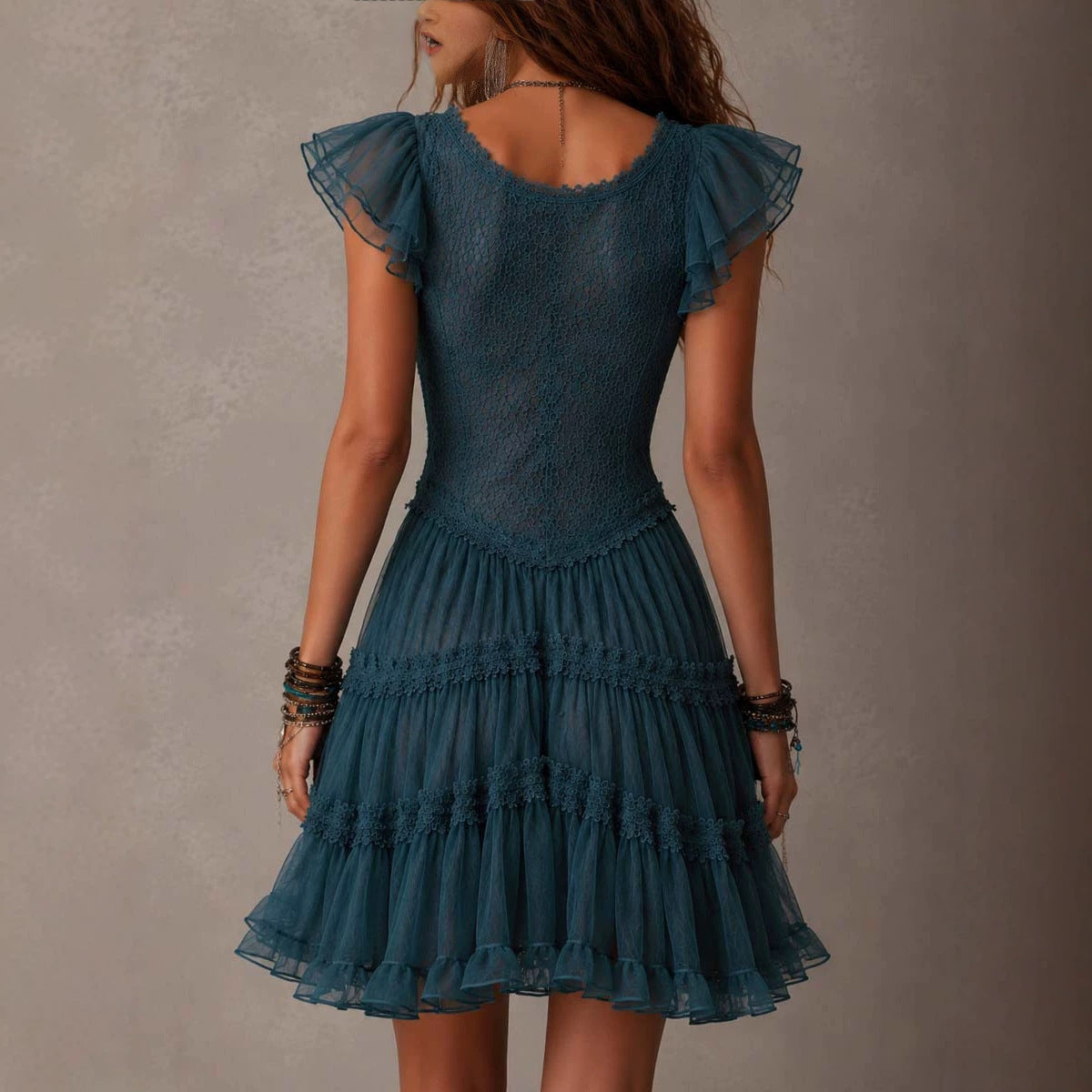 Lace Flutter Sleeve Dress for Women, Fitted Waist with Tie Strap, Layered Tulle Cake Mini Skirt 