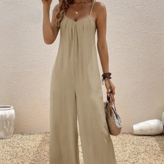 Women’s Casual Suspender Jumpsuit – V-Neck Solid Color Sleeveless One-Piece CJ