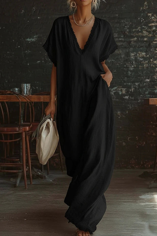European And American Style Casual Elegant Comfortable Lace-trimmed Loose Linen Cotton Long Dress 