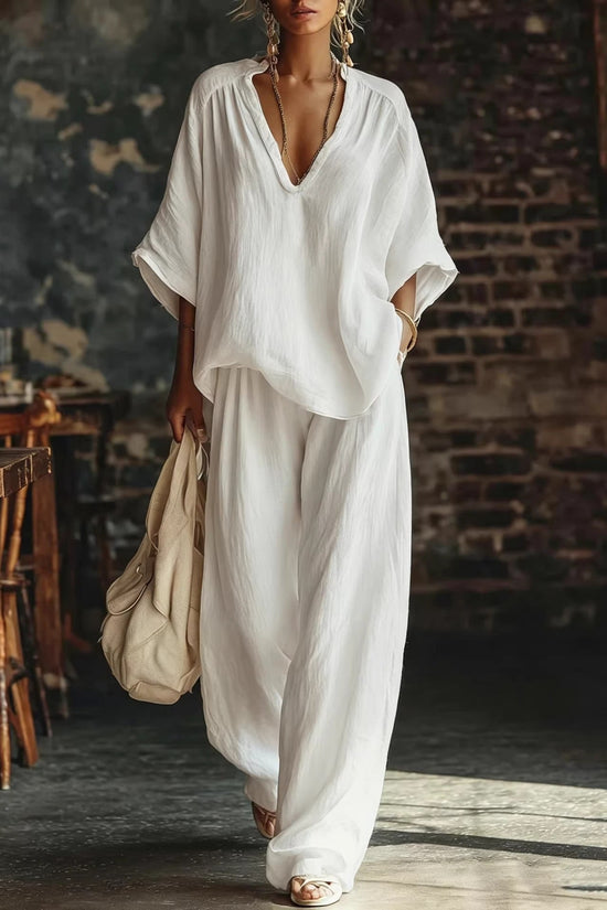 Womens V-neck Loose Short-Sleeve Casual Pants Two-Piece Set 