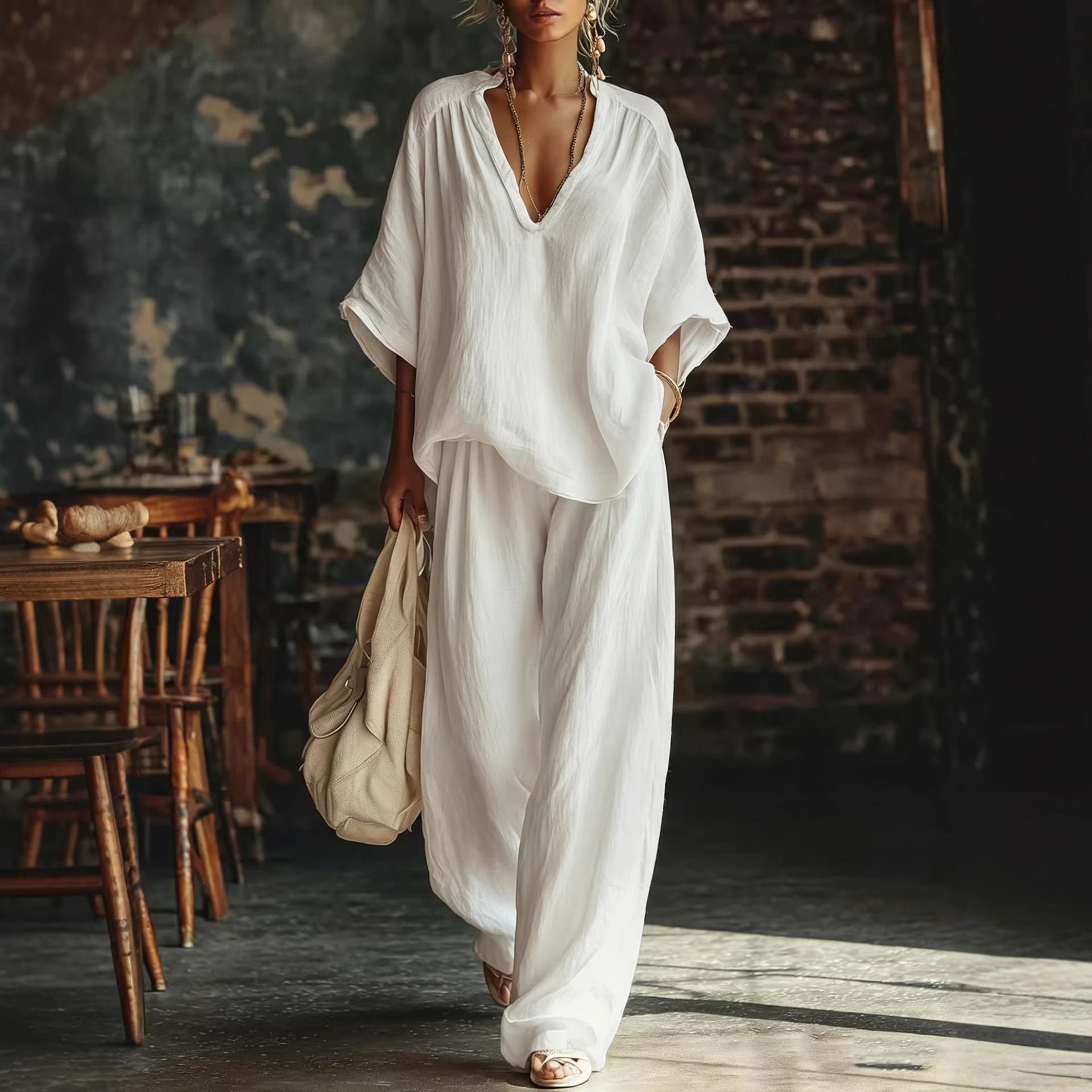 Womens V-neck Loose Short-Sleeve Casual Pants Two-Piece Set 