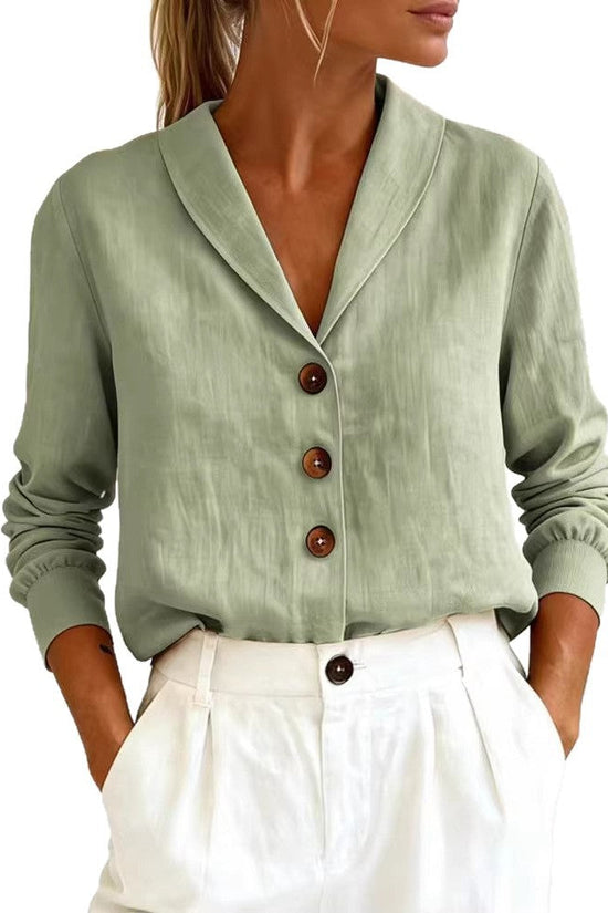 Fashionable Cotton-Linen Long-Sleeve Peter Pan Collar Button-Up Shirt 