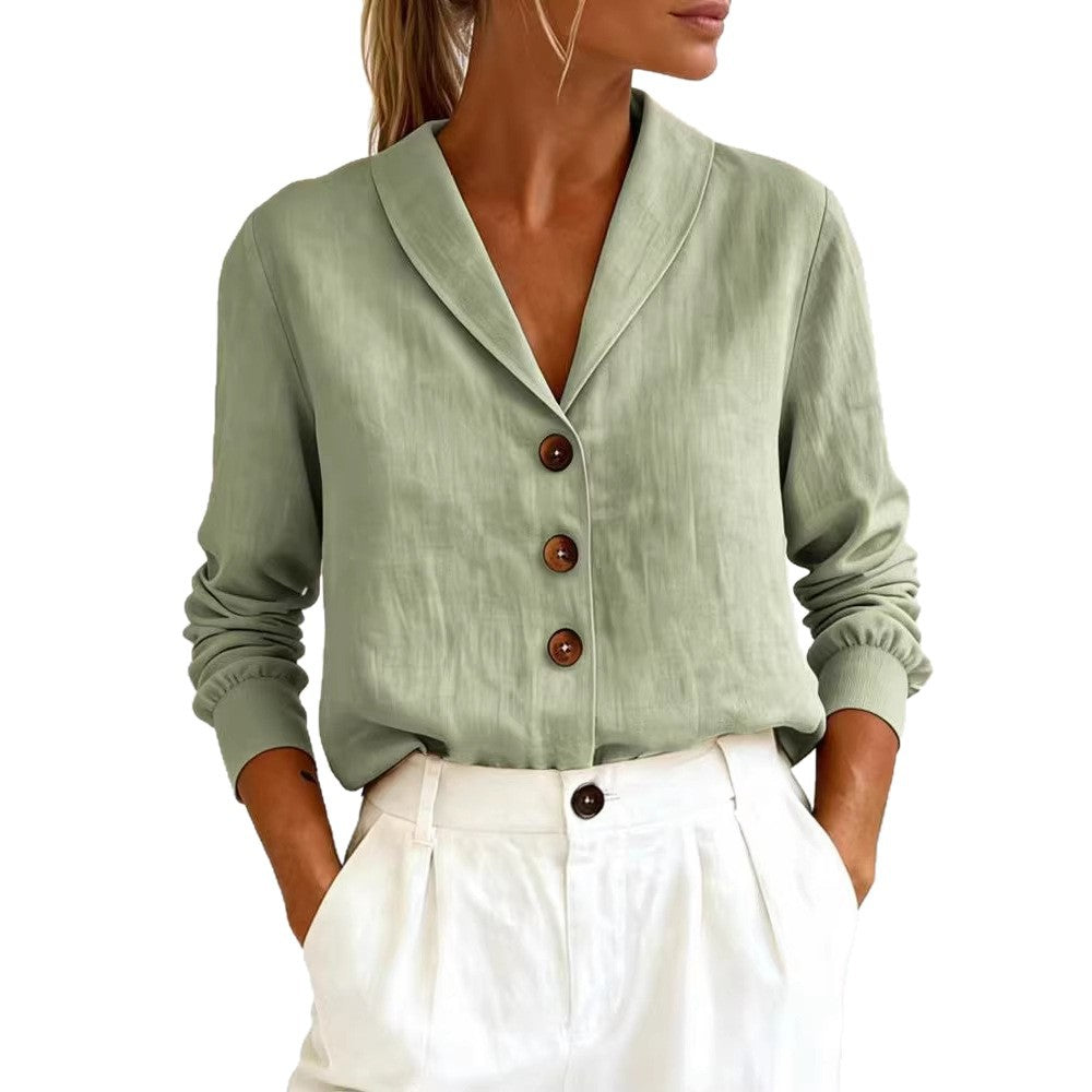 Fashionable Cotton-Linen Long-Sleeve Peter Pan Collar Button-Up Shirt 