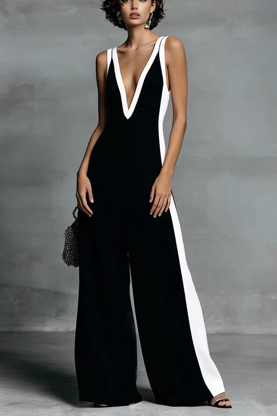Fashion Color-block Sleeveless V-neck Wide-leg Jumpsuit for Women 