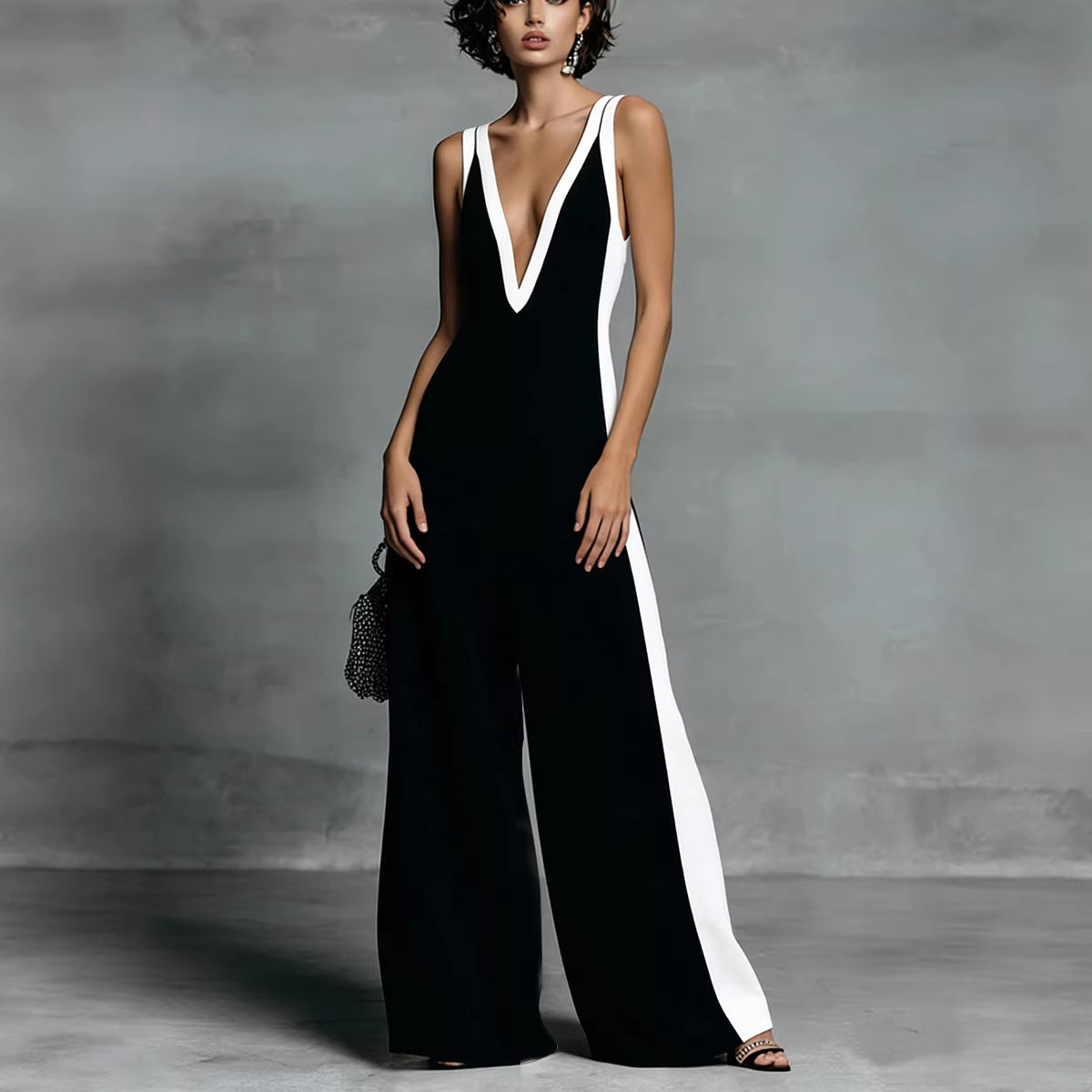 Fashion Color-block Sleeveless V-neck Wide-leg Jumpsuit for Women 