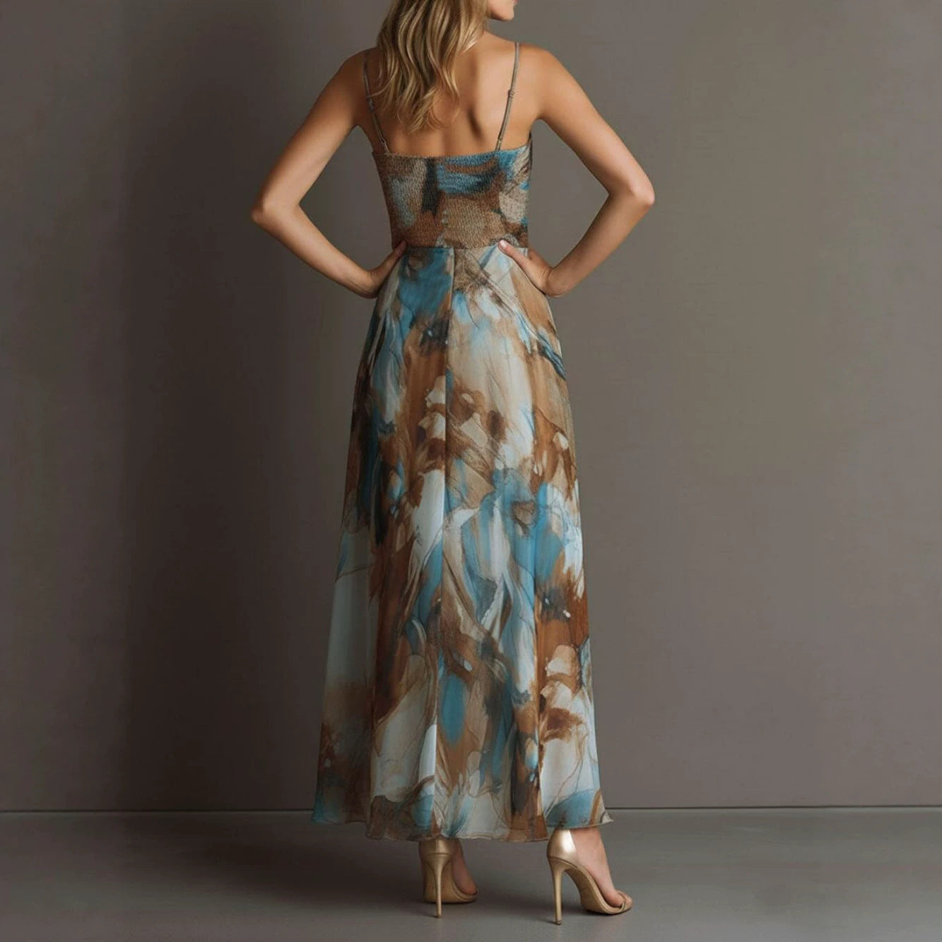 Fashionable Elegant Printed Dress with Sexy Straps, Waist-Cinching Flowy Beach Long Dress 
