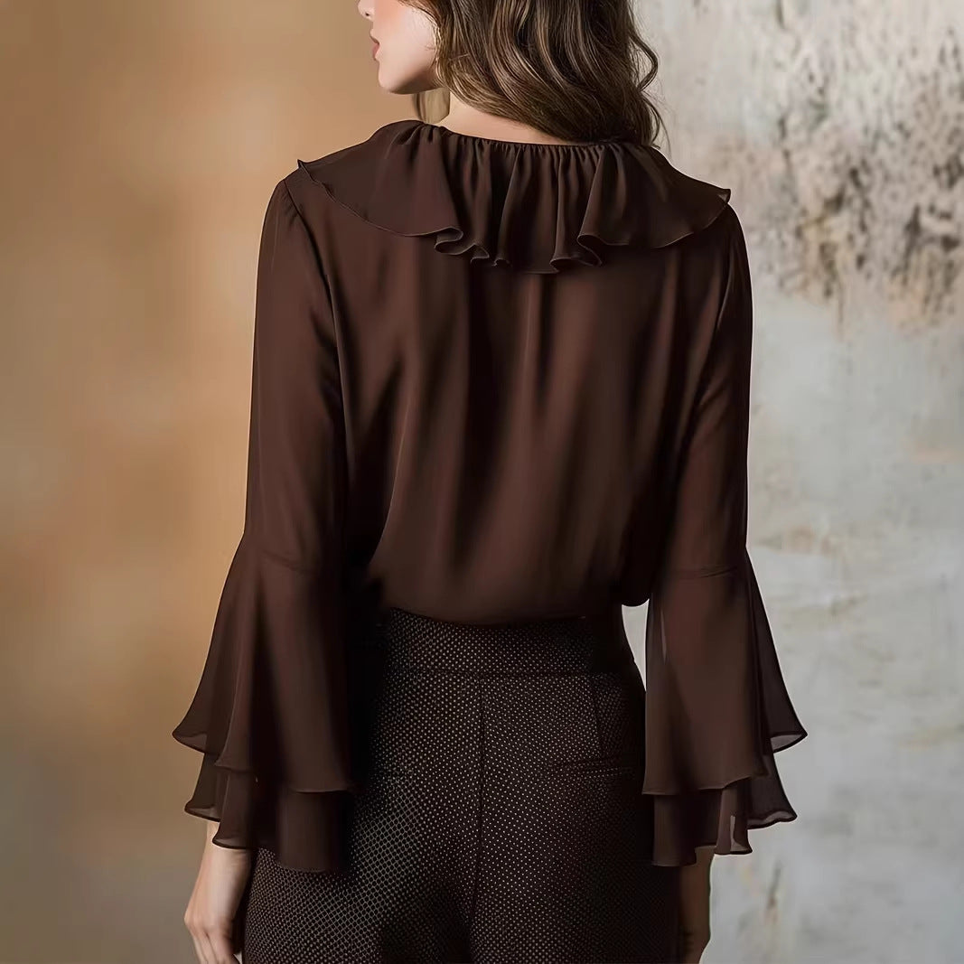 Charming Ruffle Blouse for Women, V-Neck Long Sleeve Shirt Elegant Style Feminine Top 