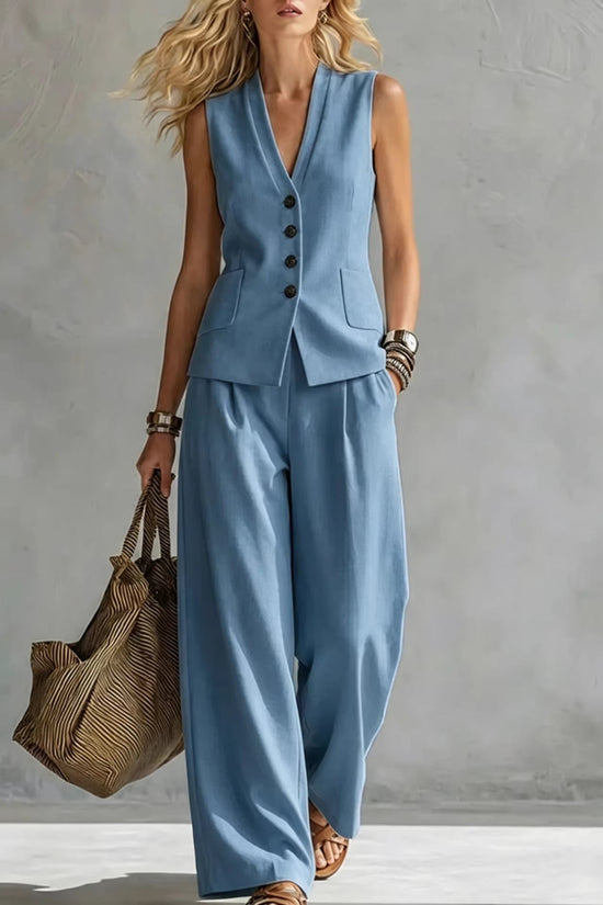 Womens Solid-Colored Sleeveless Casual Linen Tank Top And Pants Set 