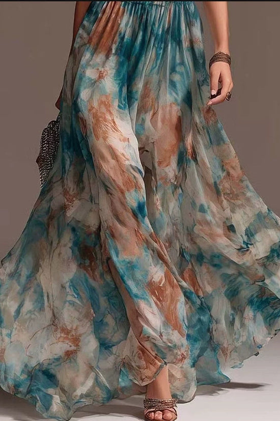Hang Neck Backless Ink Print Vacation Style Casual Long Dress 