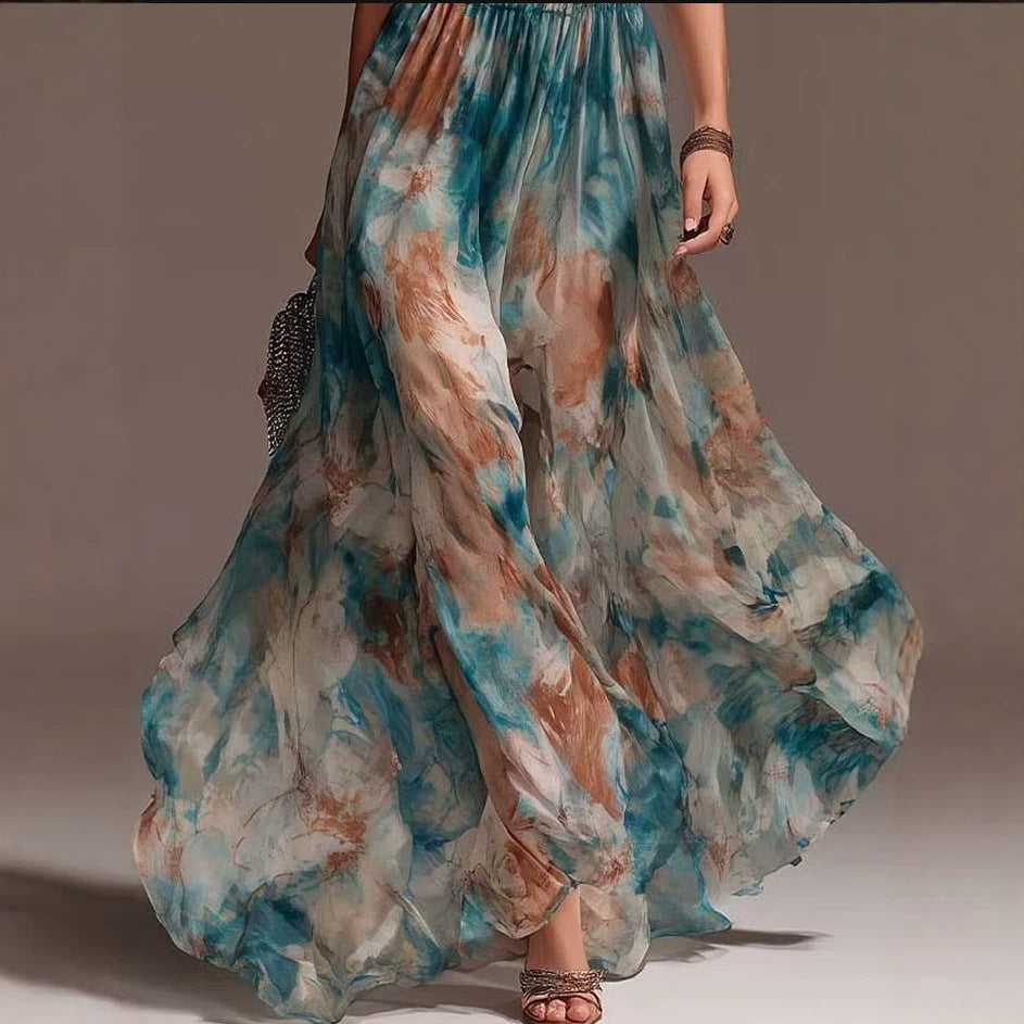 Hang Neck Backless Ink Print Vacation Style Casual Long Dress 