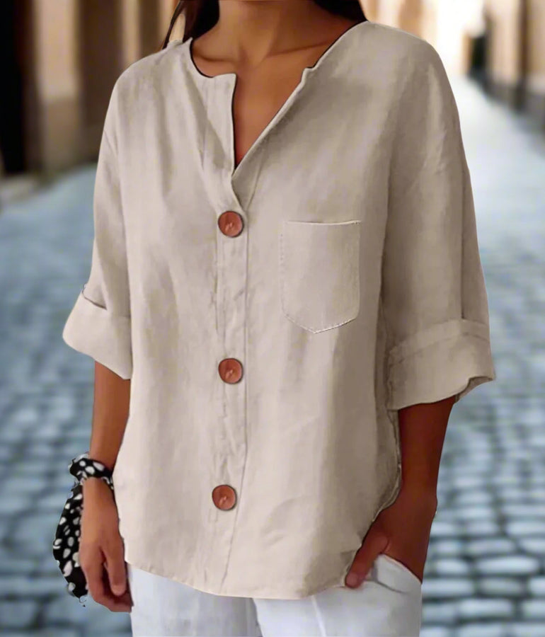New Style Loose T-shirt For Women With V-neck, Made Of Cotton And Linen, Buttoned Top. CJ US