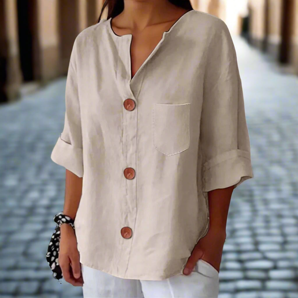 New Style Loose T-shirt For Women With V-neck, Made Of Cotton And Linen, Buttoned Top. CJ US