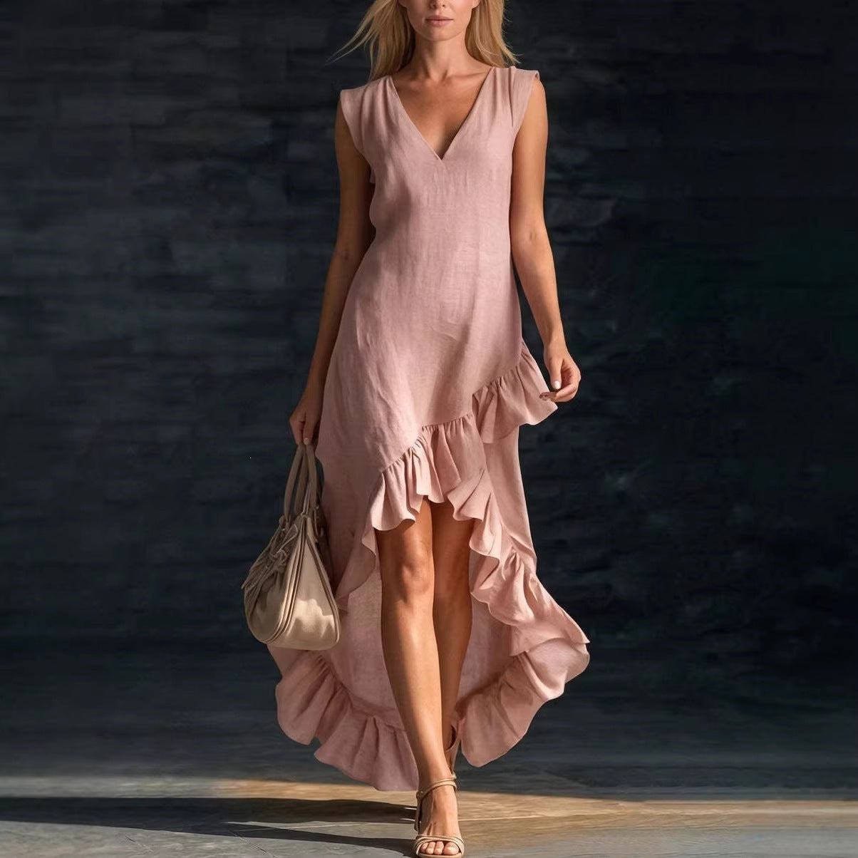Women's Fashion Romantic Sleeveless V-Neck Ruffle Hem Cotton Linen Maxi Dress 