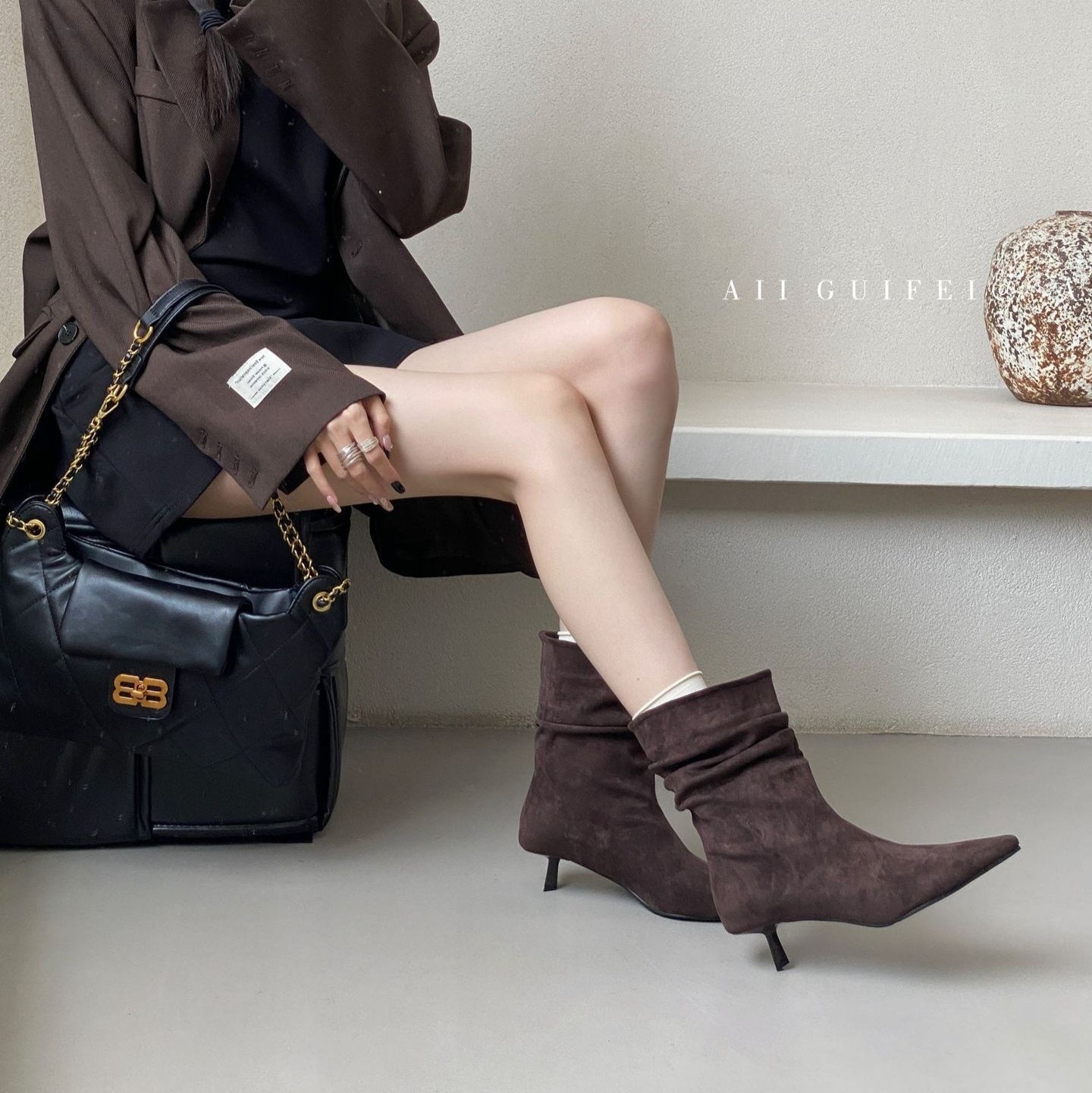 Women's Autumn Winter Pointed Toe High Heel Slimming Mid-Calf Boots 