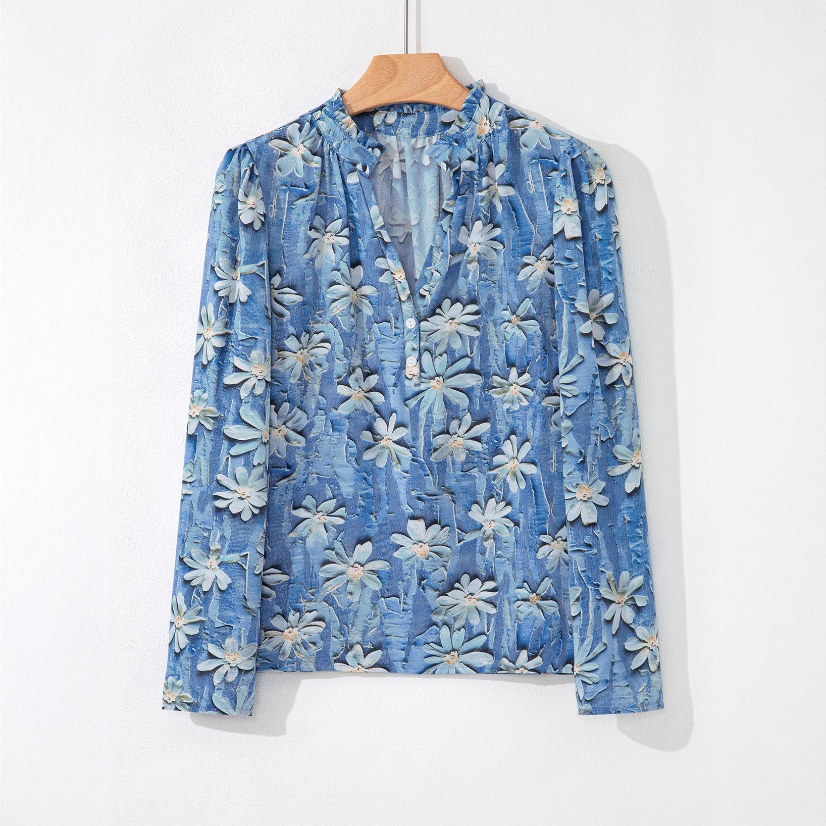 Retro Printed Chiffon Blouse Womens Textured Long-Sleeve Top 