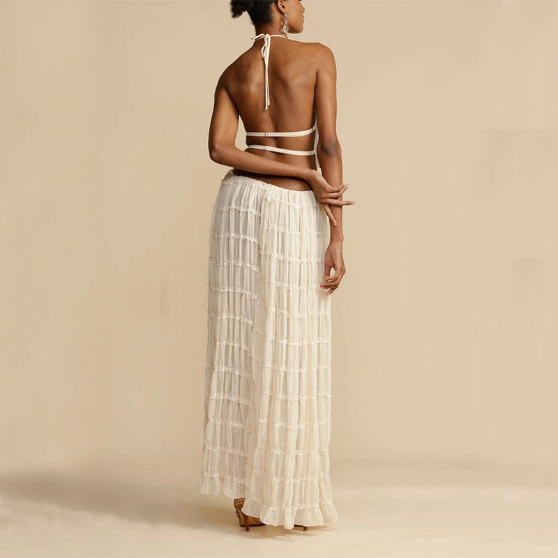 2pcs Women's Dress Suit Sexy Sleeveless Backless Cropped Halter Top And Pleated Long Skirt Beach Clothing FitiqueFit