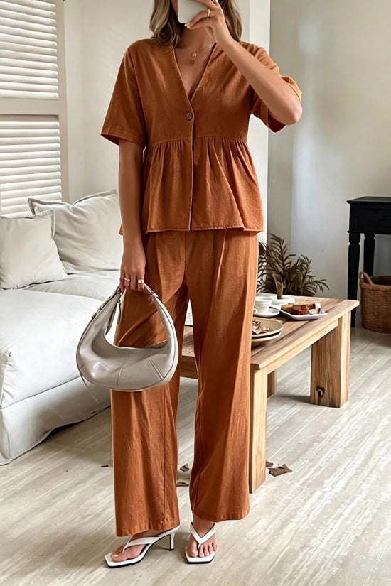 V-neck Loose-fit Short-sleeve Top And Wide-leg Pants Two-piece Set 