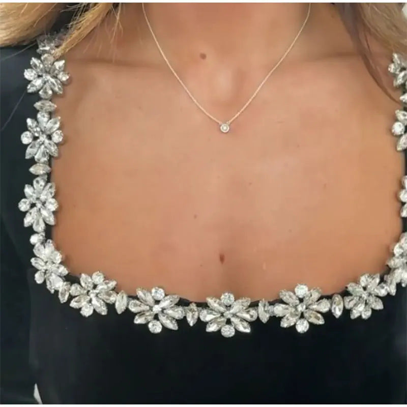 Christmas Elegant Square Neck Long-sleeved Dress With Flowers Rhinestone Design Fashion A-line Short Dresses Spring Clothing For Women CJ