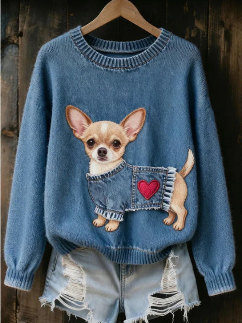 Womens 3D Digital Print Crew-Neck Sweater 