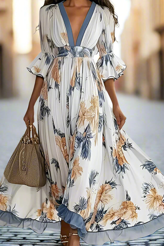 Women's Floral Print Maxi Dress With Deep V-Neck & Flare Sleeves, Elegant Flowy Wedding Guest Party Evening Dress CJ US