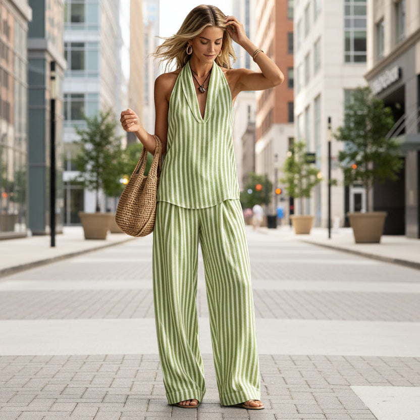 Striped Wide-leg Pants Womens Fashionable Two-piece Set 