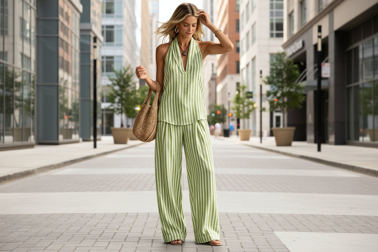 Striped Wide-leg Pants Womens Fashionable Two-piece Set 
