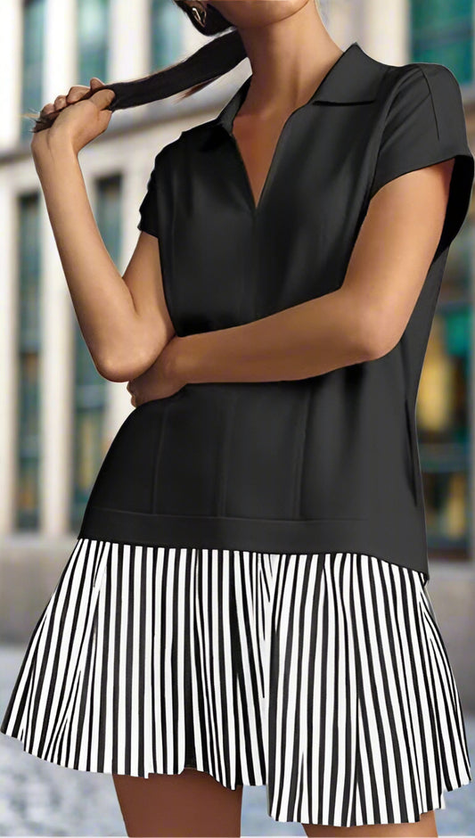 Fisoew Womens Summer Mini Dress Casual Patchwork Short Sleeve Polo V Neck Striped Dresses With Pockets CJ US