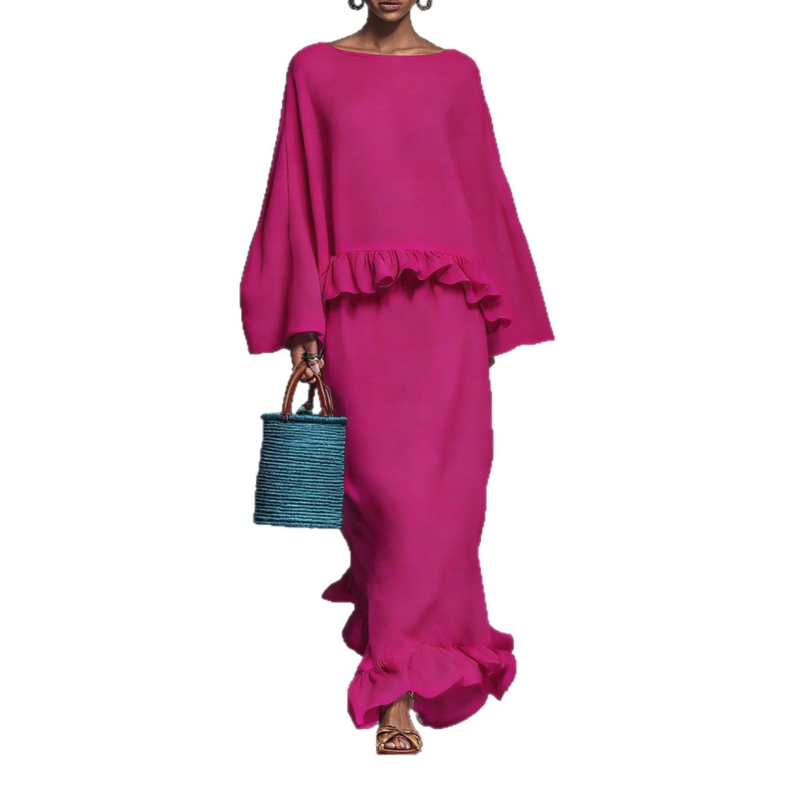 Long sleeve irregular skirt set, casual fashion solid color women's outfit 