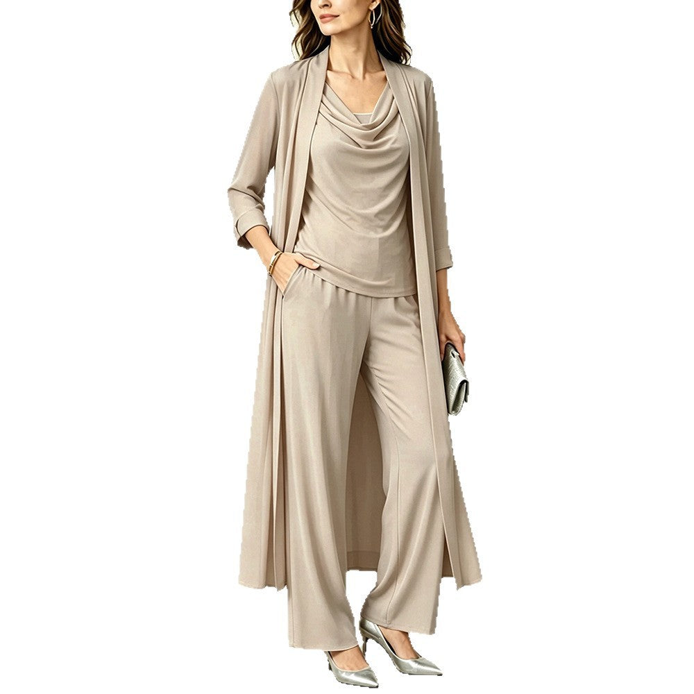 Long sleeved swing collar top long cardigan jacket long pants three piece set 