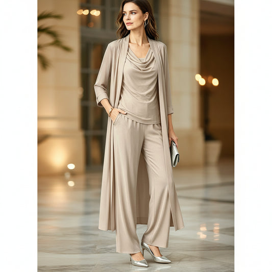Long sleeved swing collar top long cardigan jacket long pants three piece set 