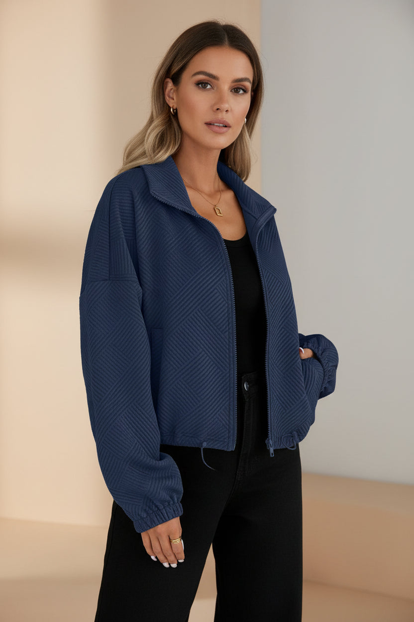 High neck zipper hem drawstring pocket women's loose jacket 