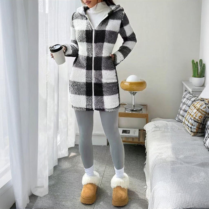 Women's Long Sleeve Plaid Long Hooded Sherpa Coat, Soft Fleece Lined Jacket With Pockets For Winter 