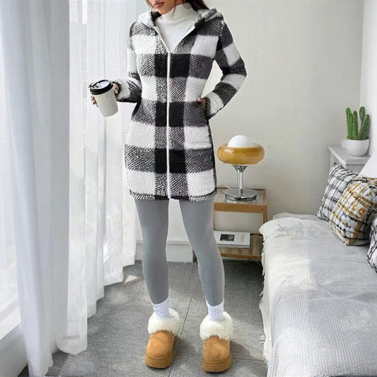 Women's Long Sleeve Plaid Long Hooded Sherpa Coat, Soft Fleece Lined Jacket With Pockets For Winter 