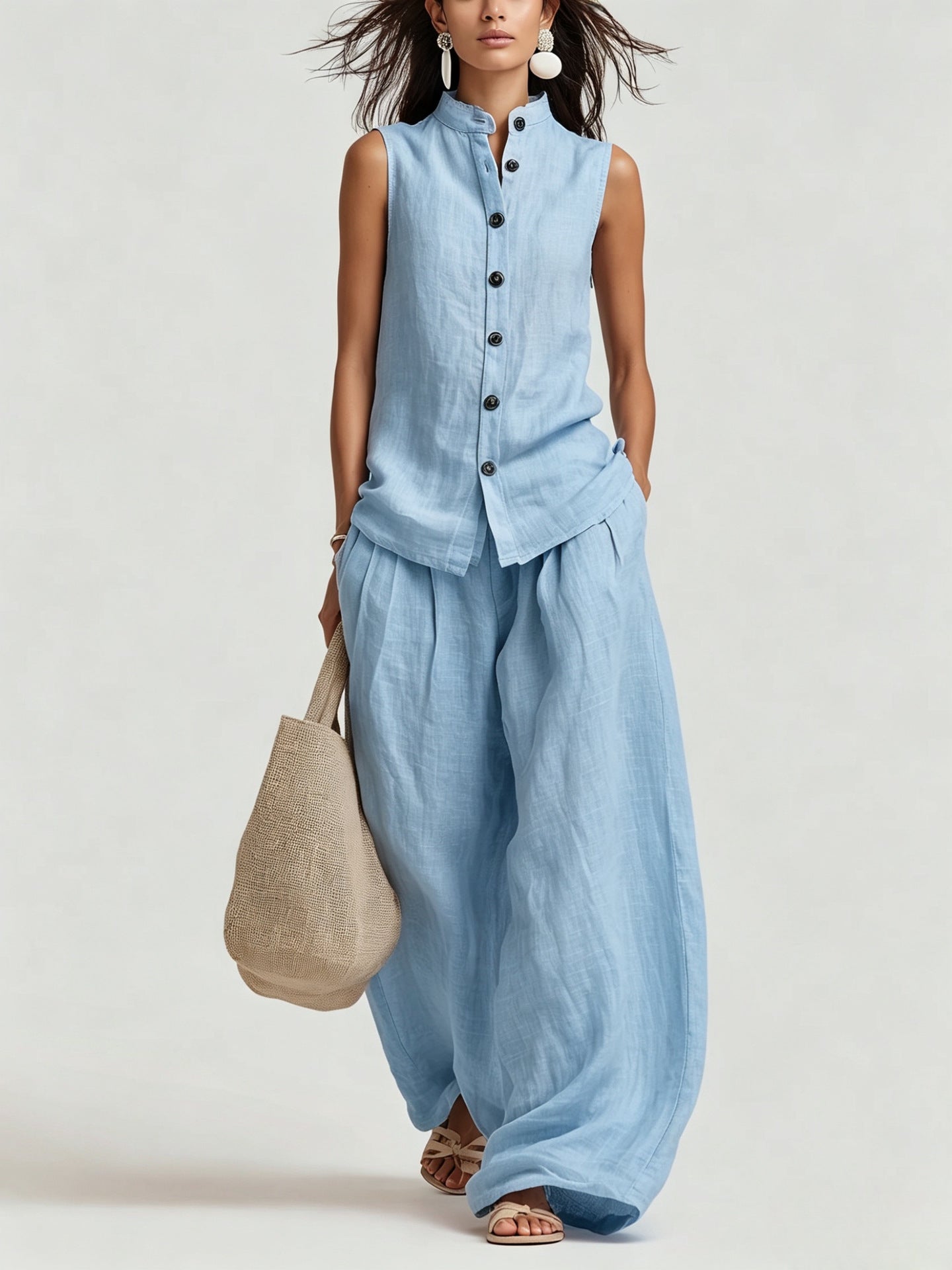 Womens Casual Cotton-Linen Sleeveless Crew-Neck Vest Top And Pants Two-Piece Set 