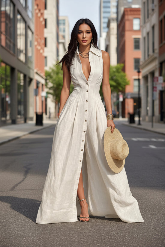 High-waisted Lapel Shirt-style Maxi Dress 