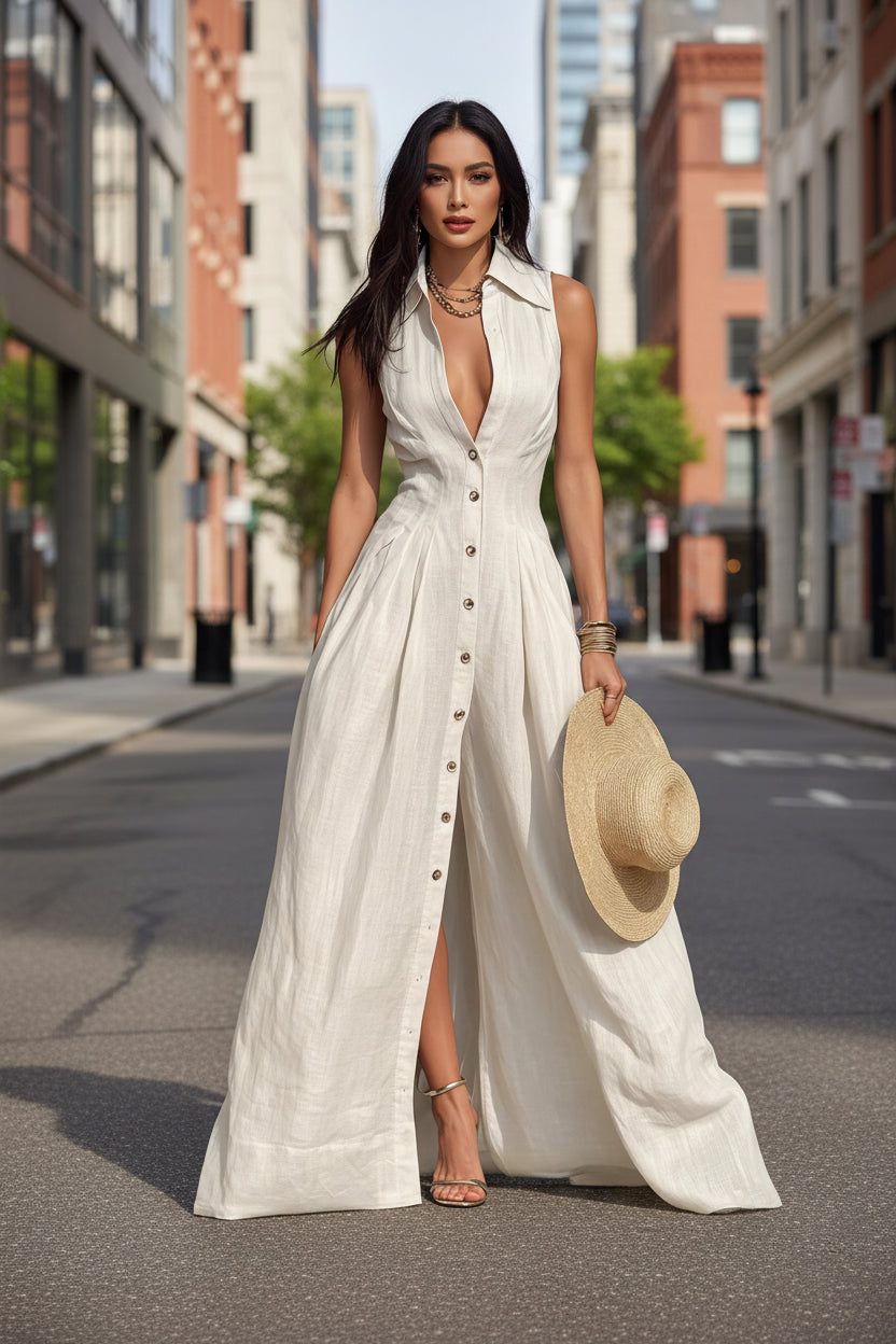High-waisted Lapel Shirt-style Maxi Dress 