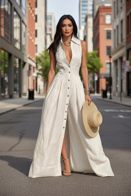 High-waisted Lapel Shirt-style Maxi Dress 