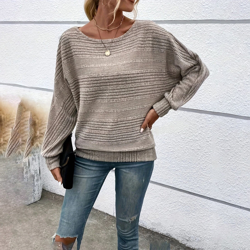 Women's Textured Round Neck Long Sleeve Top - Casual Solid Pullover For Spring & Fall CJ US