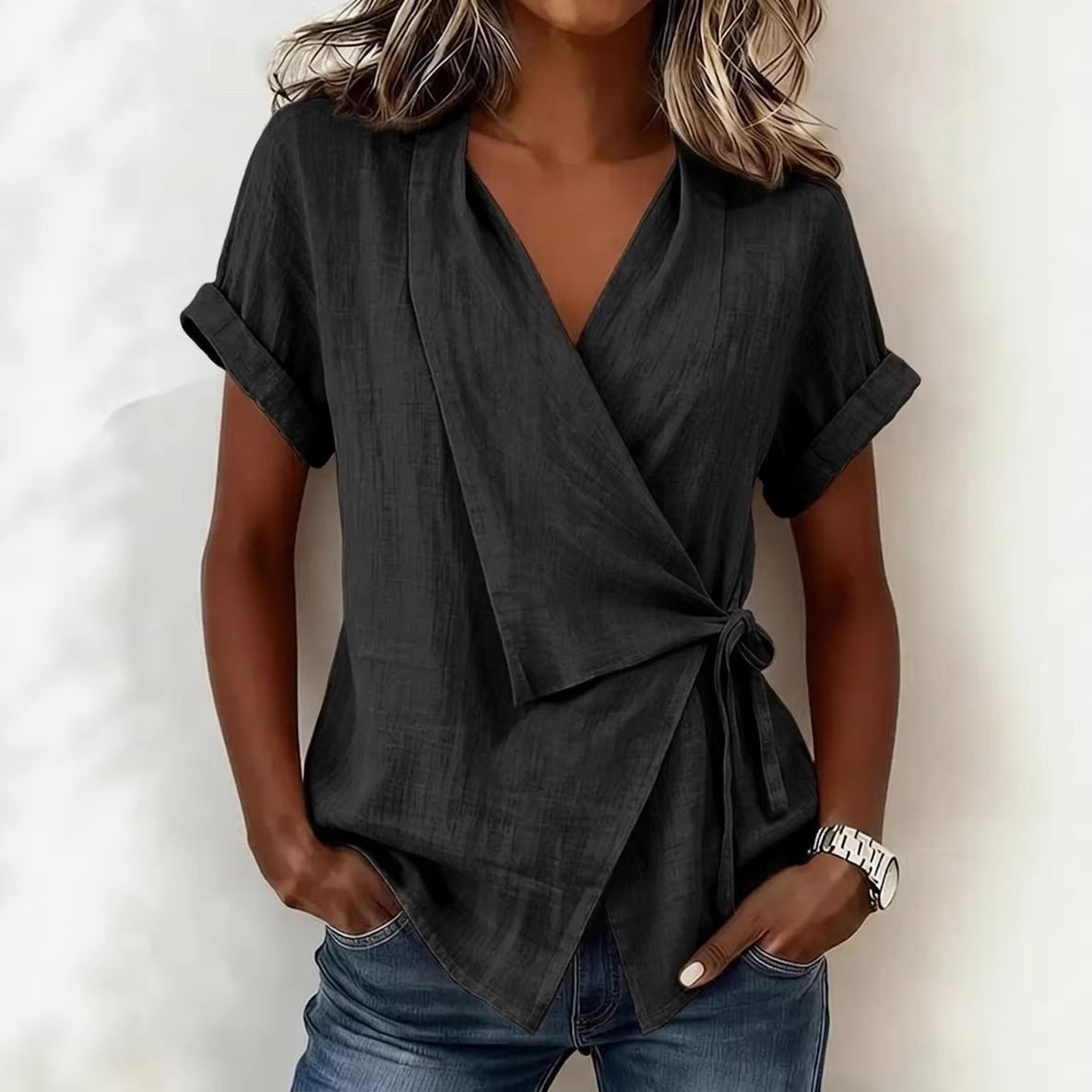 Women's Casual Lapel Collar Lace-Up Short-Sleeve Top 