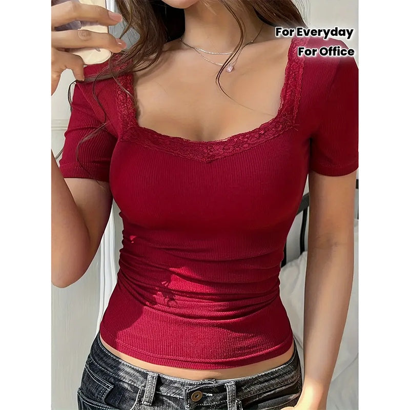 Women's Y2K Lace Trim Tee - Slim Fit U Neck Short Sleeve Top 