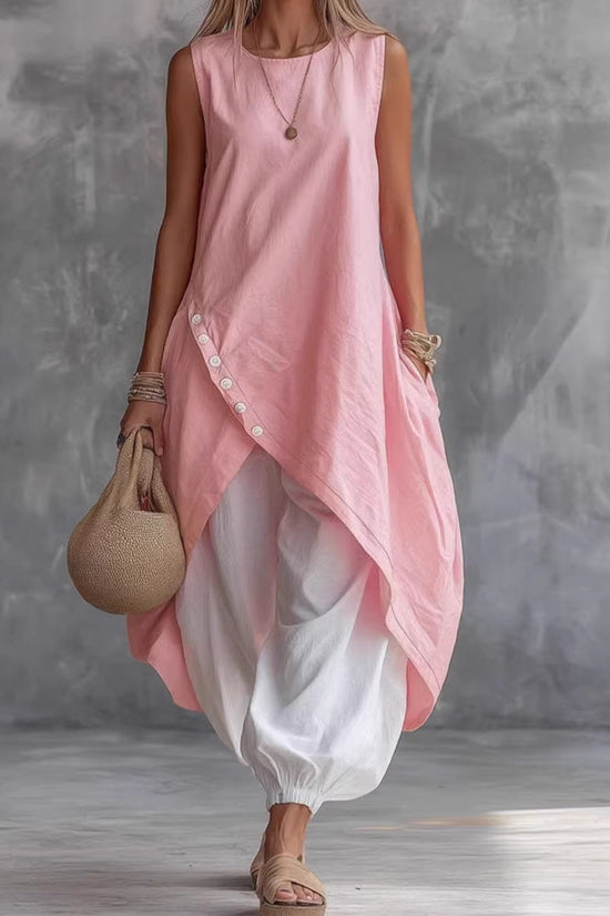 Solid Color Sleeveless Loose Pocketed Mid-Length Dress Set 