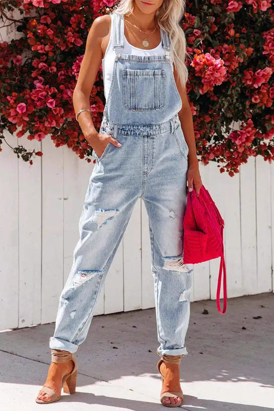 Cropped Blue Denim Overalls for Women with Ripped Details Casual FashionStrap Design, Perfect for Everyday Wear 