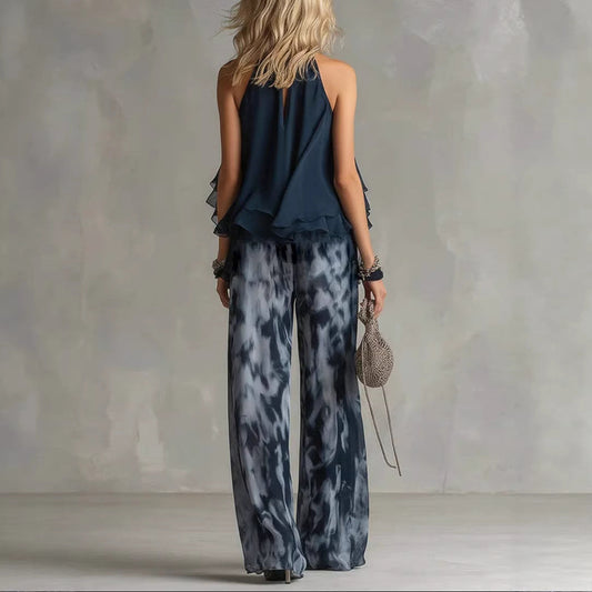 Sleeveless camisole collar top and printed wide leg pants chiffon set 