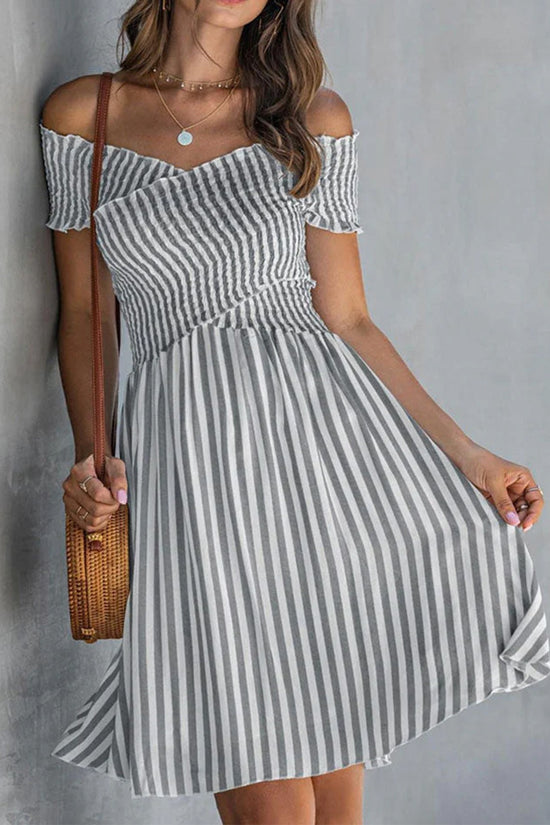 Off-the-shoulder Striped Waist-cinching Dress European And American Style 