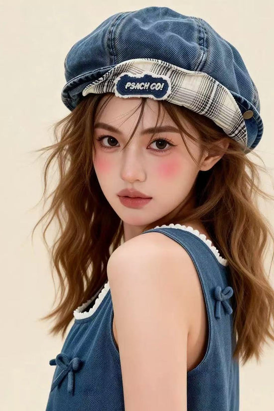 Double-brimmed, Turned-up Brim Denim Beret 