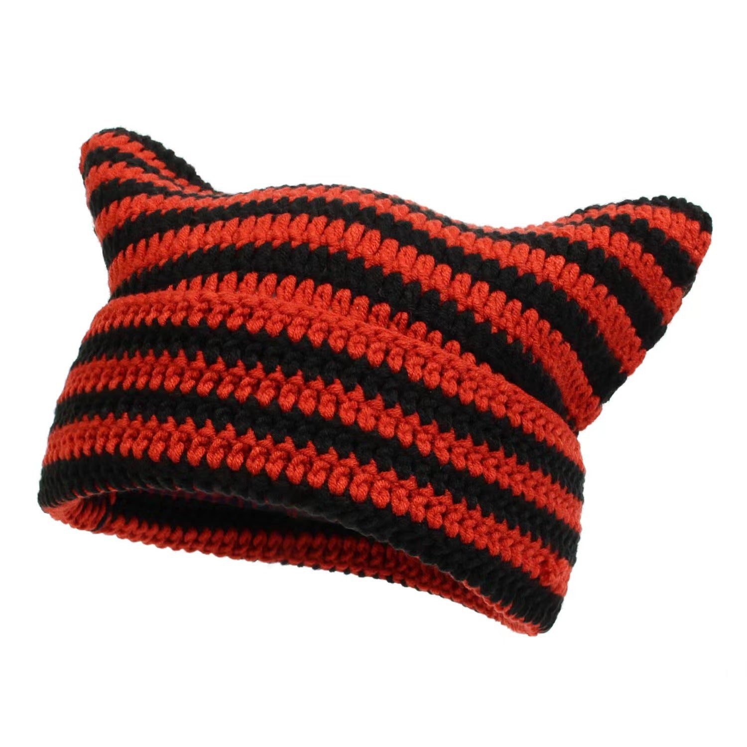Women’s Hand Knitted Striped Cat Hat – Cute Warm Winter Beanie - FitiqueFit