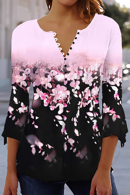 Women’s Printed Spike Button Three-Quarter Sleeve Casual Top 