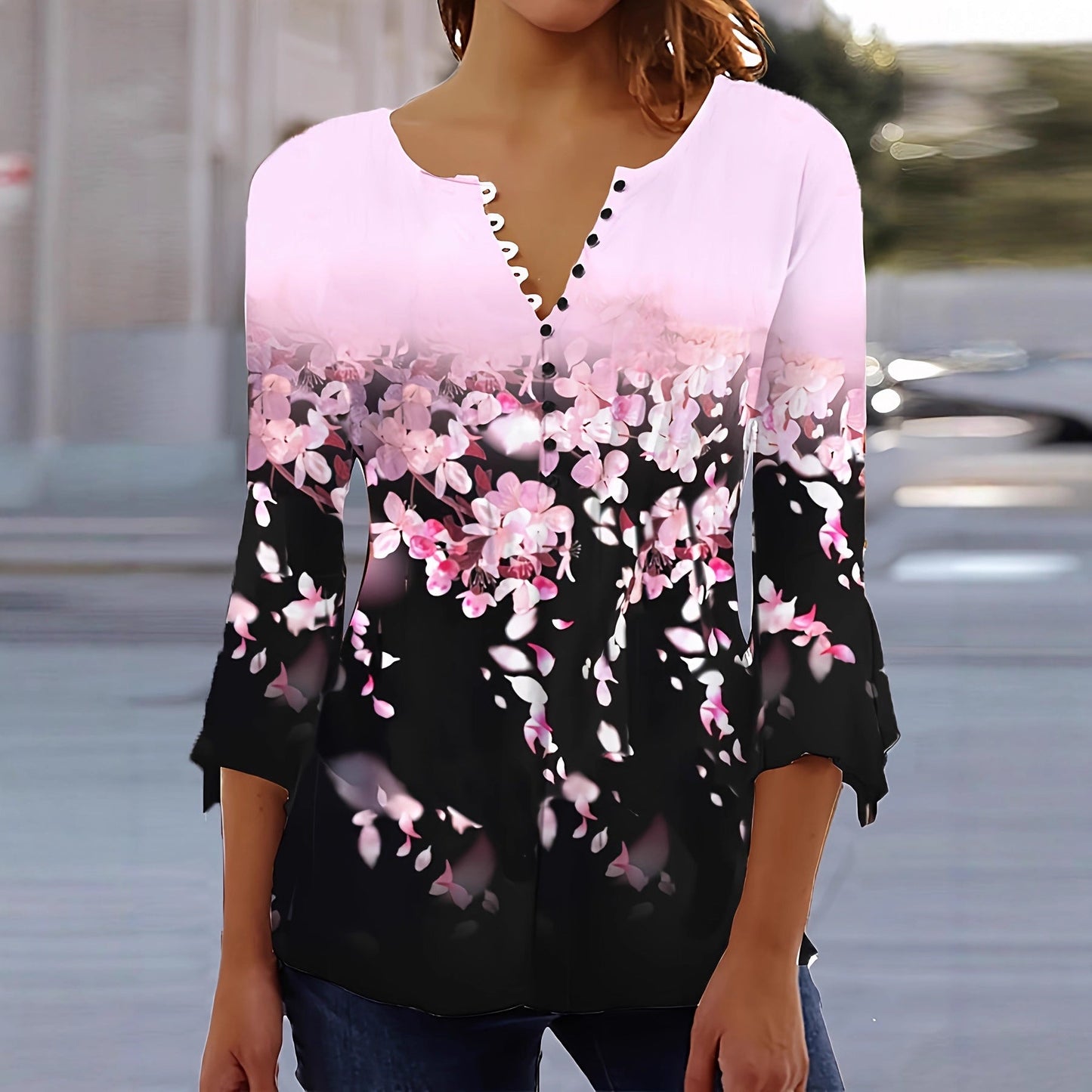 Women’s Printed Spike Button Three-Quarter Sleeve Casual Top 